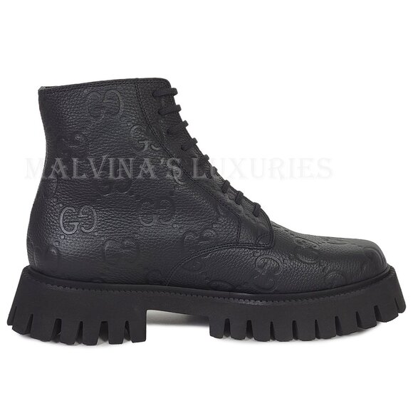 GUCCI BOOTS MENS ANKLE BLACK GG LOGO LEATHER ZIPPER LACE-UP sz 9.5 10 US main image 10